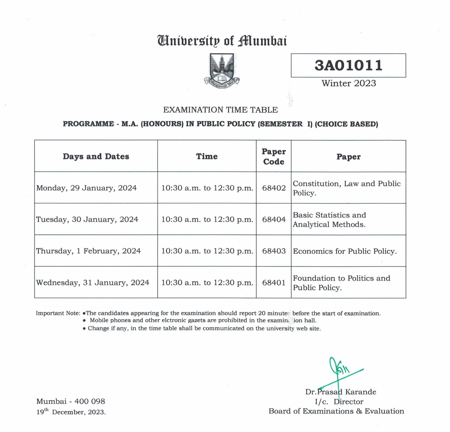 Mumbai University Time Table 2024 ; BA BSc Exam Timetable